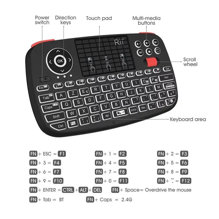 Rii i4 Mini clavier sans fil Bluetooth avec pavé tactile 2.4GHz souris rétro-éclairé télécommande pour Windows Android TV Box Smart TV