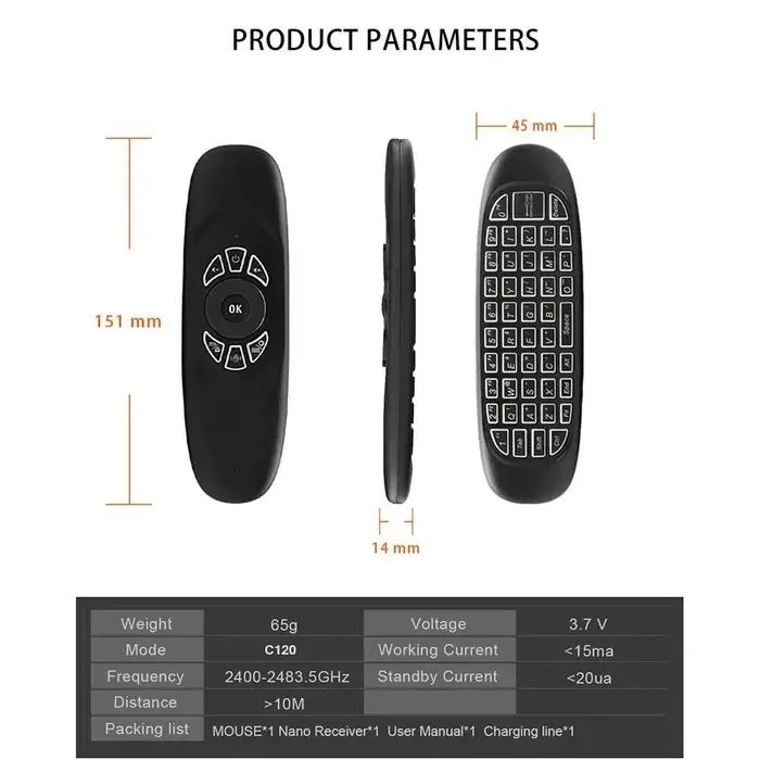 C120 rétro-éclairage Air Mouse 2.4G RF sans fil Mini clavier Gyroscope intelligent