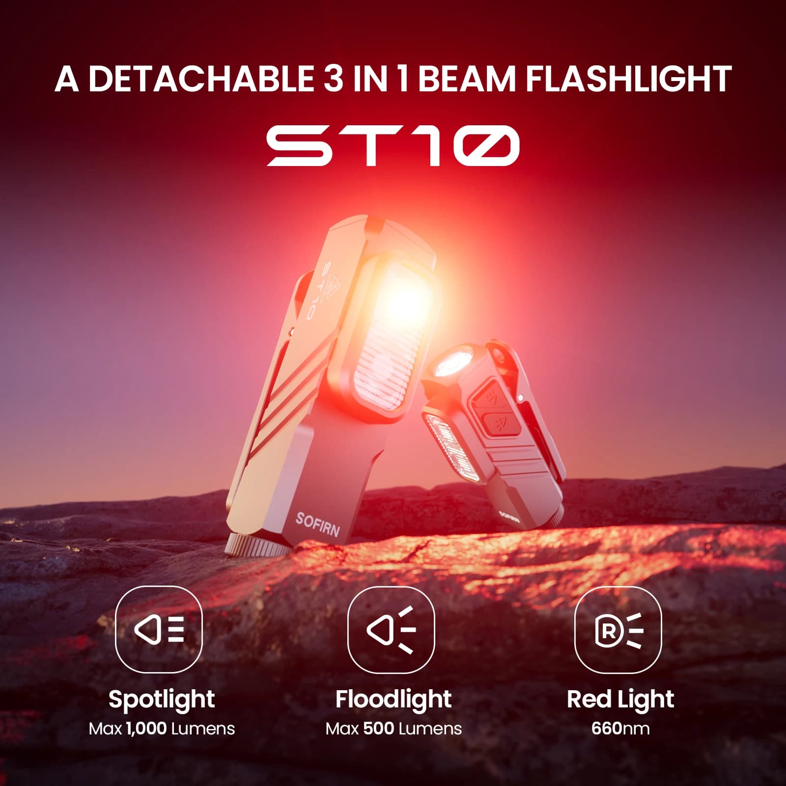 SOFIRN Mini ST10 1000LM EDC lampe de poche USB C 14500 Rechargeable avec lumière rouge 660NM queue m