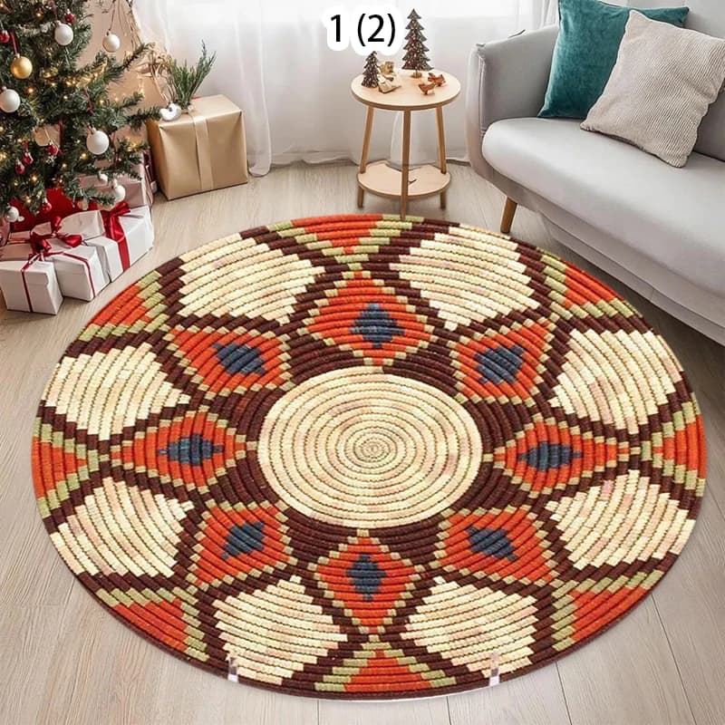 Tapis rond tissé à motif géométrique, style ethnique, antidérapant et durable, pour salon, chambre à