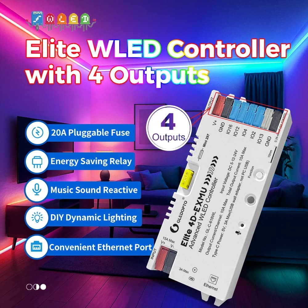 GLEDOPTO Elite Contrôleur WLED 4 canaux ESP32, Ethernet & WiFi, synchronisation musicale, fusible 20