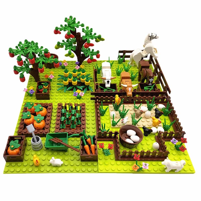 MOC – blocs de construction d'animaux de ferme, arbres, plantes, briques classiques compatibles pour