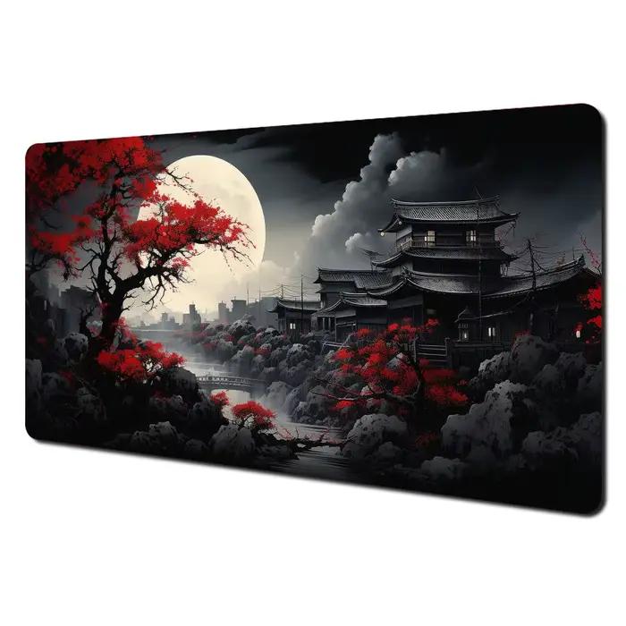 Grand tapis de souris antidérapant et durable, motifs paysages artistiques rouges et noirs, accessoi