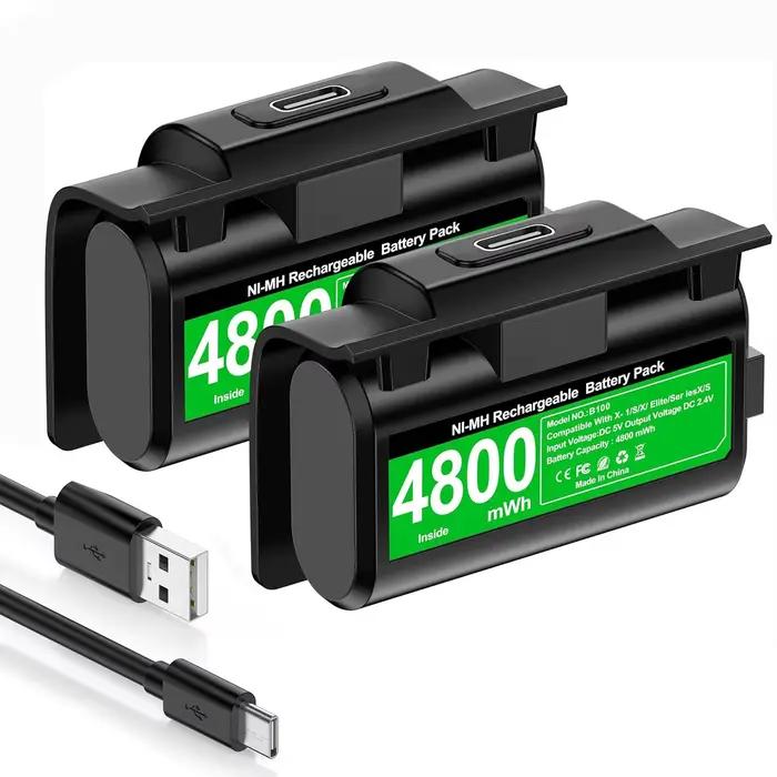 Pack de 2 batteries pour manette Xbox One 4800 mWh, kit Play and Charge, câble de charge USB-C/4 coq