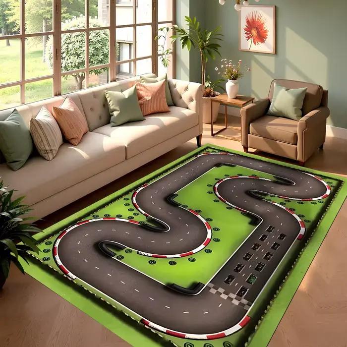 Tapis de piste de course rouge à motif de circuit, tapis antidérapant pour salon, chambre à coucher,