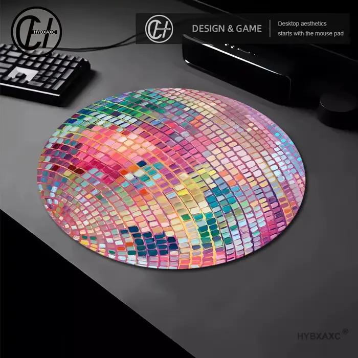 Tapis de souris rond en caoutchouc rose avec boule disco, accessoire de bureau esthétique pour ordin