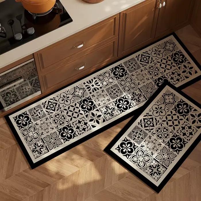 Tapis de cuisine imperméable en PVC, noir, antidérapant, en cuir, résistant à l'huile, pour pieds lo