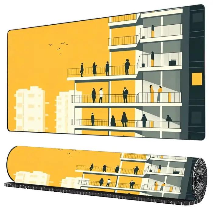 Tapis de souris de jeu avec impression de silhouette d'appartement urbain jaune, base en caoutchouc
