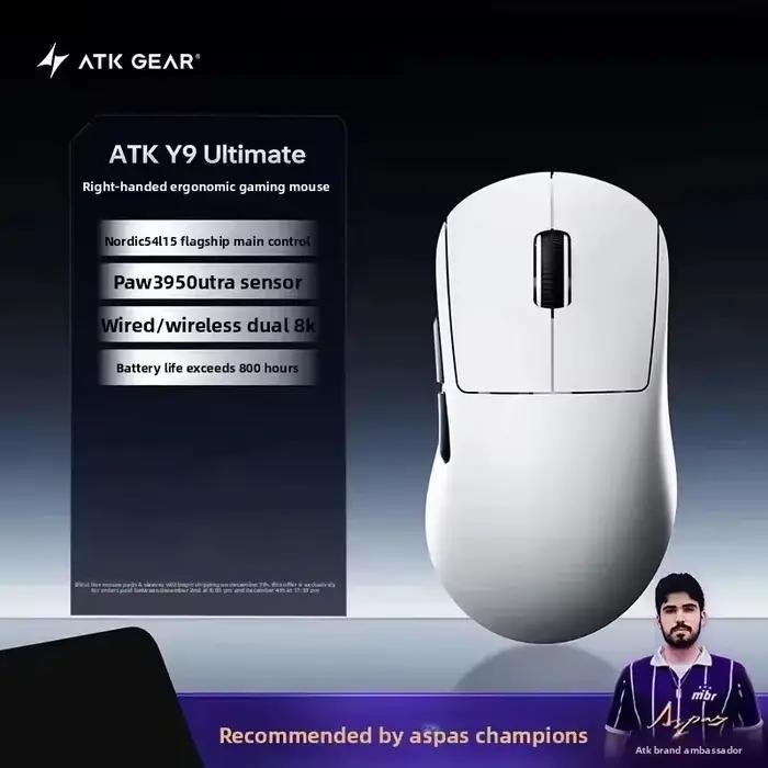 Souris de jeu sans fil ATK Y9 Ultimate Tri-Modèle pour droitier, double 8KHz, légère, PAW3950Ultra,