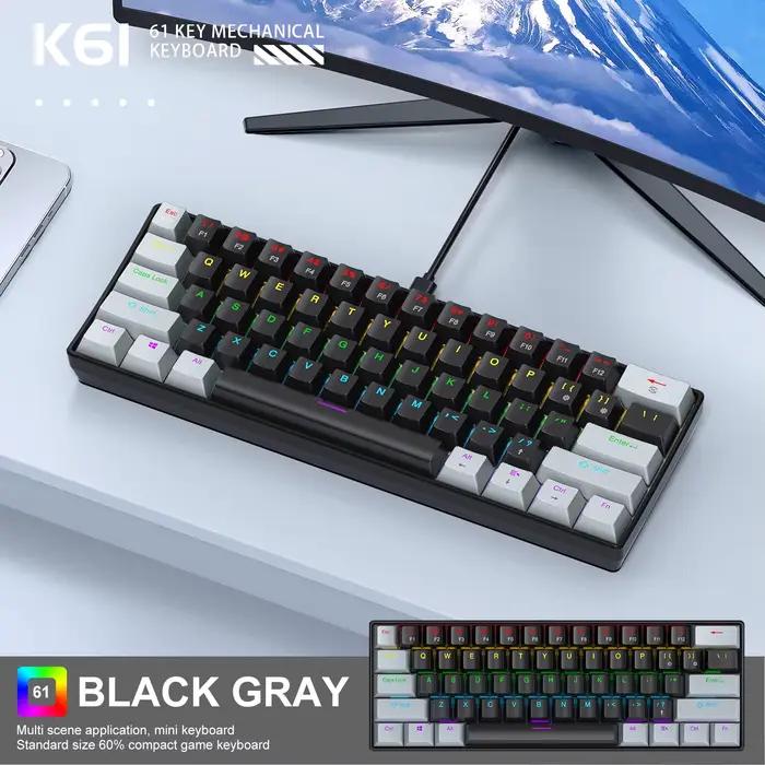 Clavier de jeu mécanique filaire K61, 60 % 61 touches mini rétroéclairé RGB, interrupteurs rouges/bl