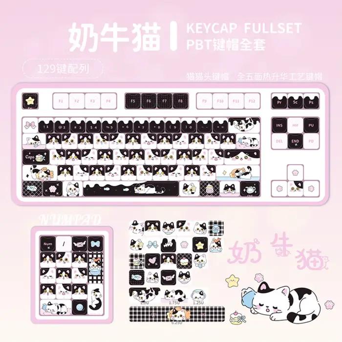 Jeu de capuchons de touches chat vache PBT 129 touches MAO, joli porte-clés adapté au clavier mécani