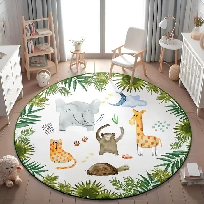Tapis rond antidérapant lavable motif lion, tigre, léopard, aquarelle, pour chambre d'enfant, salle