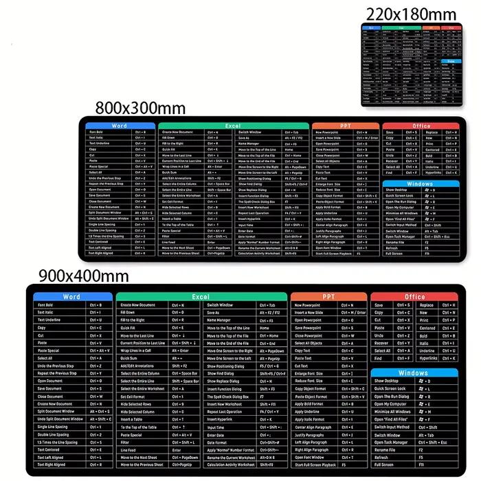 Tapis de souris avec raccourcis de clavier Windows et Excel, grand tapis de souris de Table 900x400