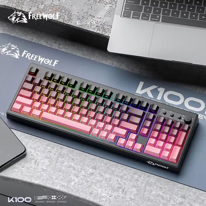 K100 clavier de jeu Bluetooth gravure latérale sans fil, rétro-éclairage coloré RVB FREEWOLF, batter