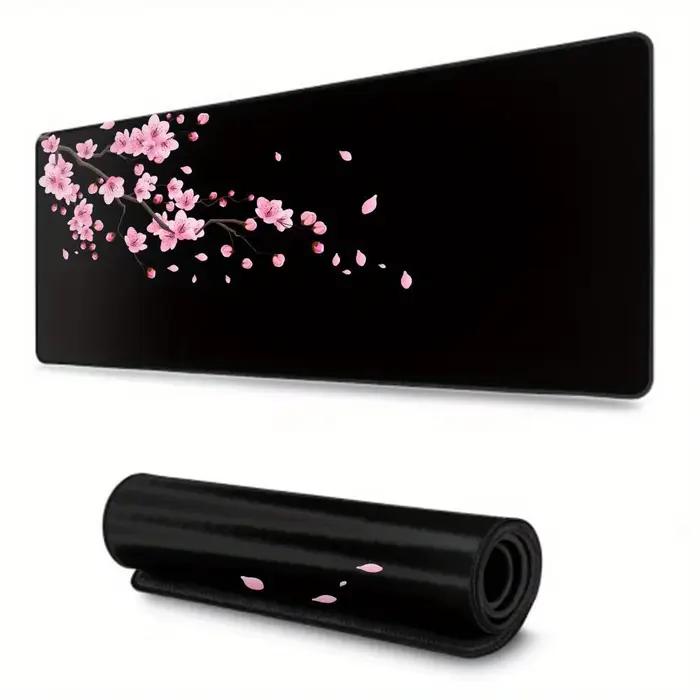 Grand tapis de souris noir avec motif de fleurs de cerisier, tapis de bureau antidérapant, accessoir