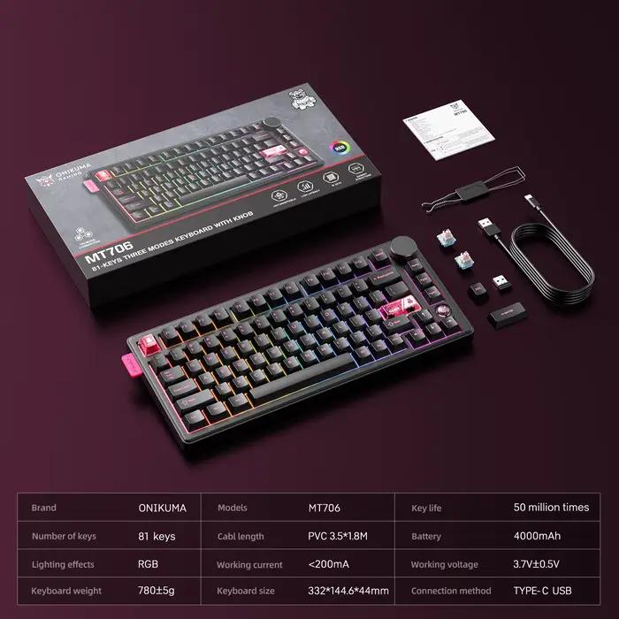 Onikuma 2025 nouveau clavier mécanique de jeu Mt706 Rgb 2.4g/filaire/Bt