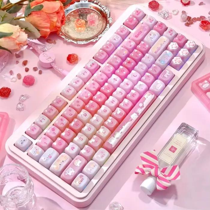 Clavier mécanique MAO Profile Cute Pudding Cat Ear Keycaps 142 touches rose translucide PC pour claviers mécaniques 60/64/84/98/108