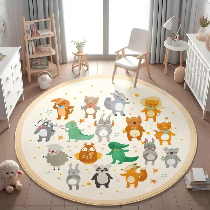 Tapis rond antidérapant lavable motif lion, tigre, léopard, aquarelle, pour chambre d'enfant, salle de jeux, feuilles tropicales, jungle, crèche