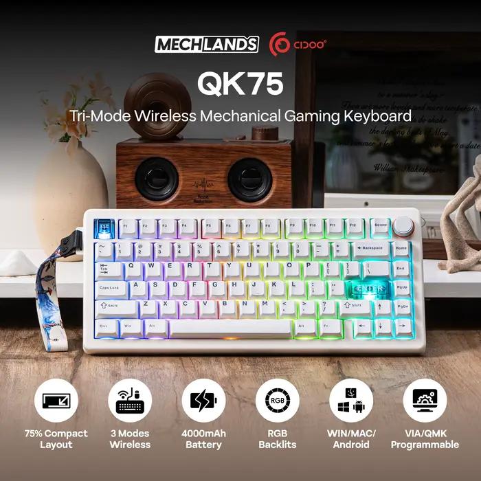 CIDOO QK75 75% VIA joint Programmable filaire/Bluetooth/2.4GHz clavier mécanique sans fil avec batterie 4000mAh et rétro-éclairage rvb