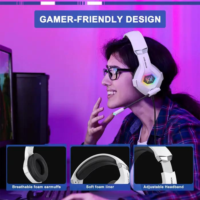 Casque de Jeu GGBEE GS450 Son Surround Micro Antibruit Conception Ergonomique Design sur Oreille Compatible Multiplateforme Blanc Rouge Occasions Spéciales