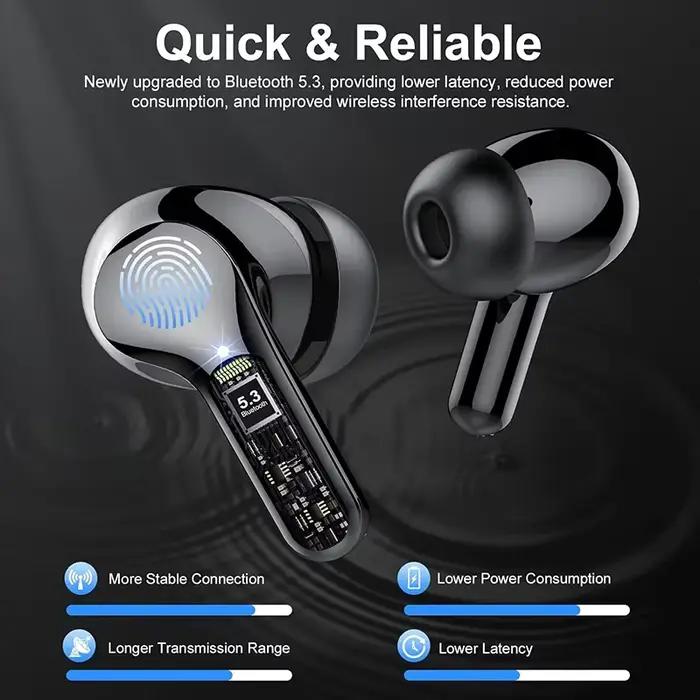 Nouveaux écouteurs sans fil casque stéréo HiFi BT5.3 avec suppression du bruit ENC 48H affichage LED écouteurs IP7 étanche pour trajets et travail à distance occasions spéciales