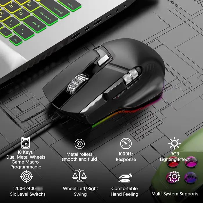 Souris de jeu filaire RGB 7 modes d'éclairage Doubles molettes de défilement Macro programmable 1200-12400 DPI Conception ergonomique pour joueur PC