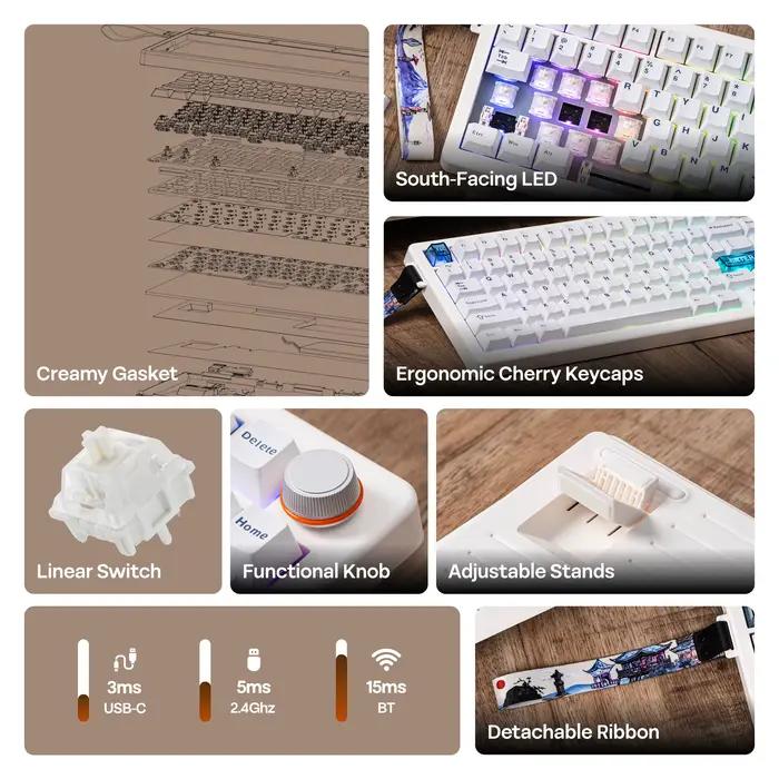CIDOO QK75 75% VIA joint Programmable filaire/Bluetooth/2.4GHz clavier mécanique sans fil avec batterie 4000mAh et rétro-éclairage rvb