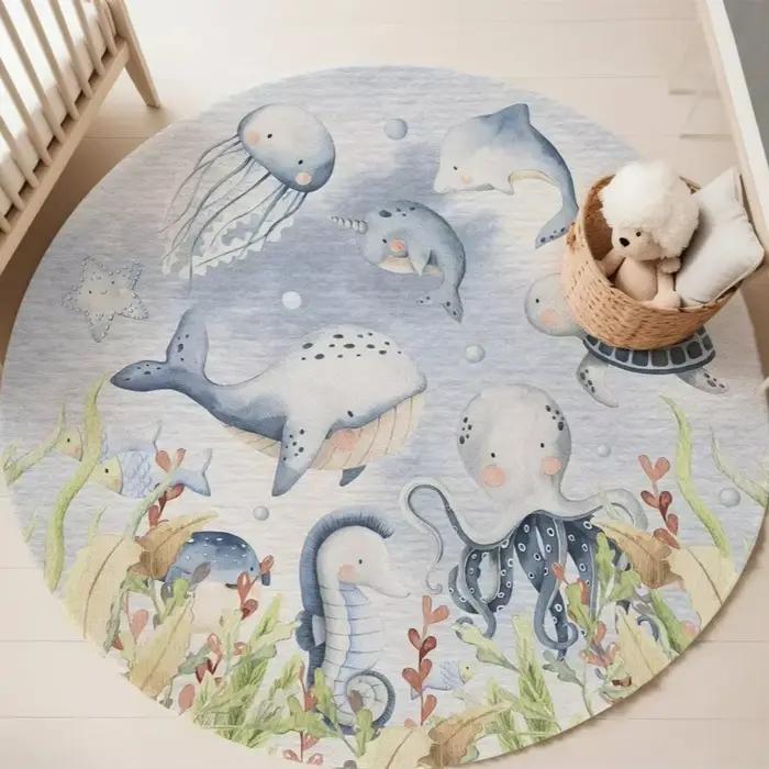 Tapis rond bleu marine pour salon, chambre de bébé fille, salle de jeux pour enfants, tapis de chambre à coucher, tapis doux, décoration de chambre d'enfant, tapis de jeu pour enfant