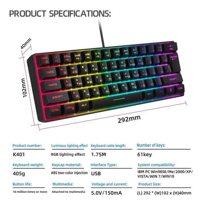 Clavier de jeu, clavier ultra-compact à 61 touches rétroéclairé RGB russe/anglais