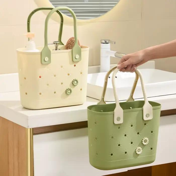 Panier de pique-nique portable pour usage extérieur et domestique avec fond souple, drainage et rangement pour articles de toilette et articles de salle de bain