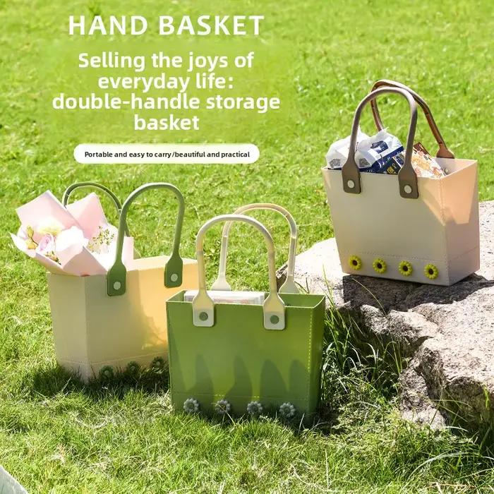 Panier de pique-nique portable pour usage extérieur et domestique avec fond souple, drainage et rangement pour articles de toilette et articles de salle de bain