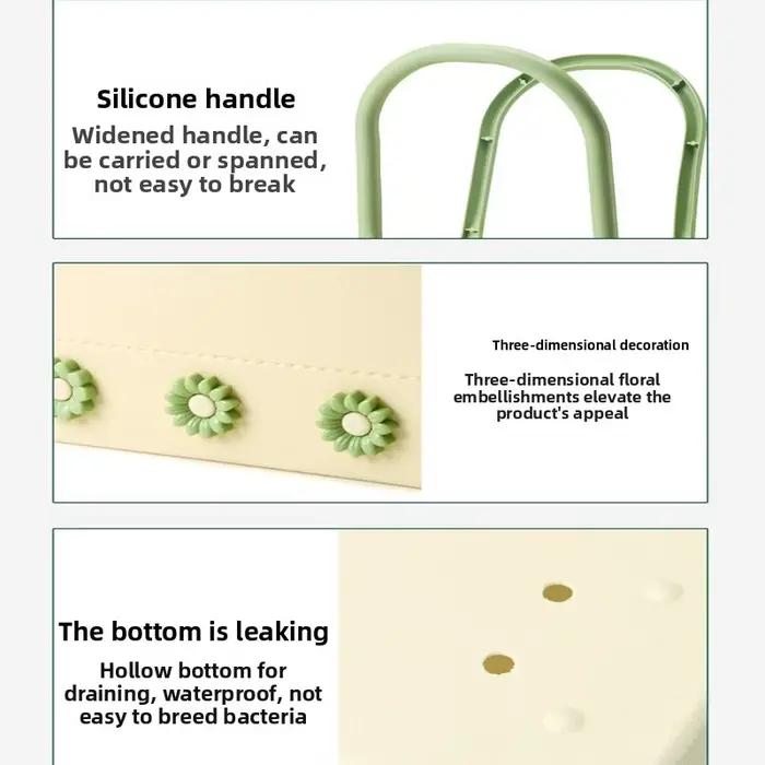 Panier de pique-nique portable pour usage extérieur et domestique avec fond souple, drainage et rangement pour articles de toilette et articles de salle de bain