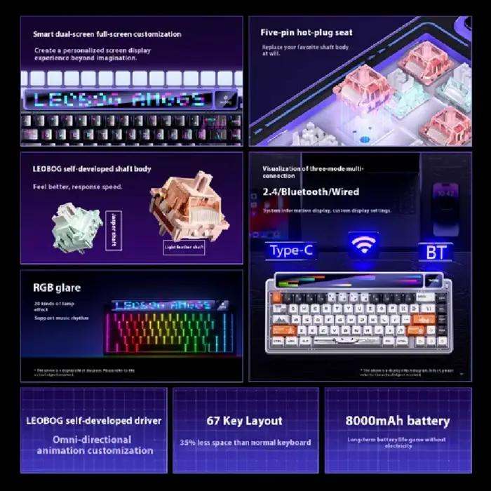 LEOBOG AMG65 clavier mécanique de jeu sans fil 60% disposition Bluetooth 2.4G filaire rvb Hotswap Gamer
