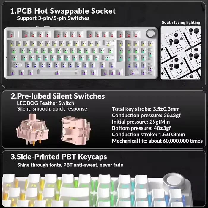 AULA F99 Pro clavier mécanique silencieux 2.4G sans fil PBT Keycap échangeable à chaud rvb rétro-éclairé translucide