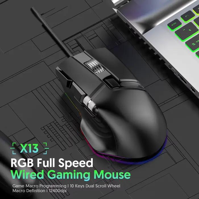 Souris de jeu filaire RGB 7 modes d'éclairage Doubles molettes de défilement Macro programmable 1200-12400 DPI Conception ergonomique pour joueur PC