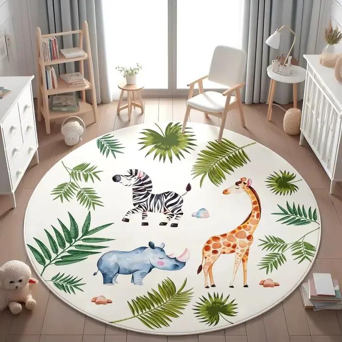 Tapis rond antidérapant lavable motif lion, tigre, léopard, aquarelle, pour chambre d'enfant, salle de jeux, feuilles tropicales, jungle, crèche