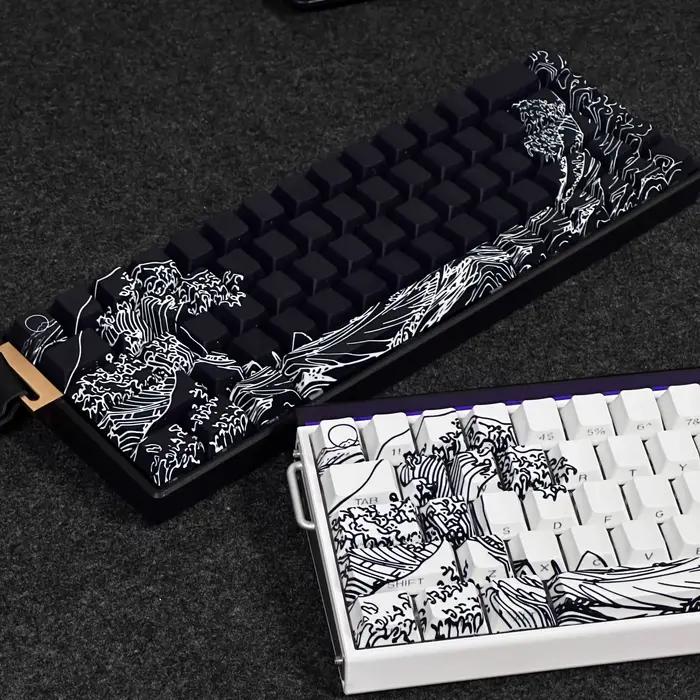 Capuchons de touches thème Vague Marine Noir/Blanc Anime PBT Profil Cherry Personnalisés Translucides sur le Côté pour Clavier Mécanique 60% – Cadeaux
