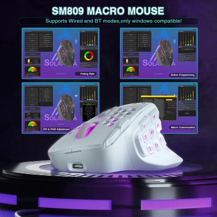 SOLAKAKA SM809 Pro souris de jeu MMO sans fil PAW3311 16 boutons latéraux 24000 DPI rvb nid d'abeille Programmable Macro