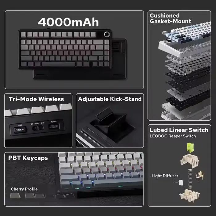Clavier mécanique AULA F75 MAX 75% filaire/Bluetooth/2.4G