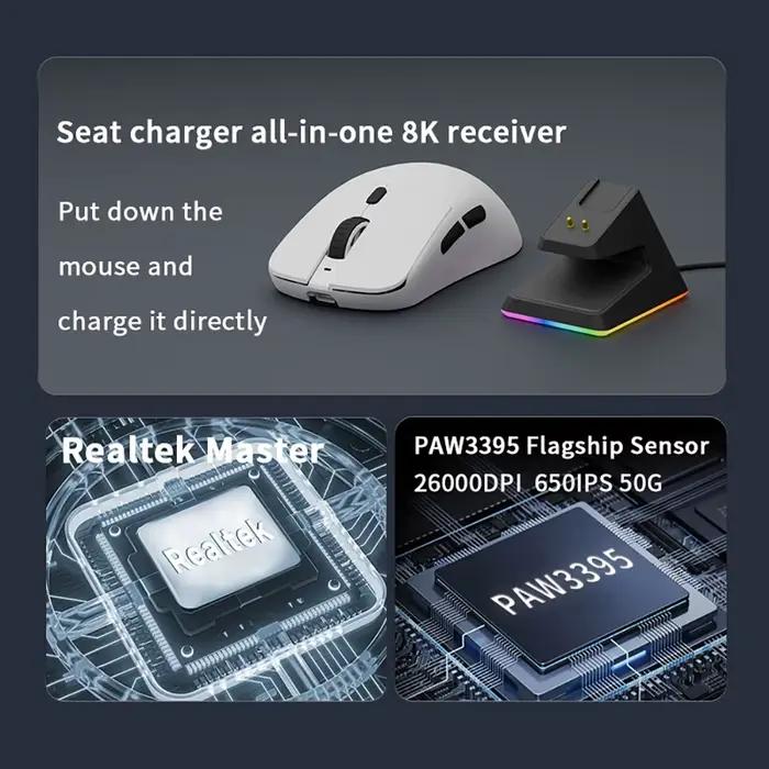 Darmoshark X5 souris de jeu 7 touches PAW3395 Double 8K filaire sans fil 26000 DPI RGB Base de charge magnétique