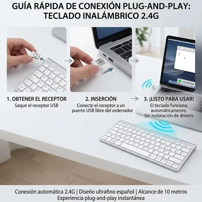 Clavier sans fil compact 2.4G QWERTY en disposition espagnole pour bureau et portable, design mince, touches silencieuses, raccourcis multimédias, plug and play, sans fil jusqu'à 10mètres