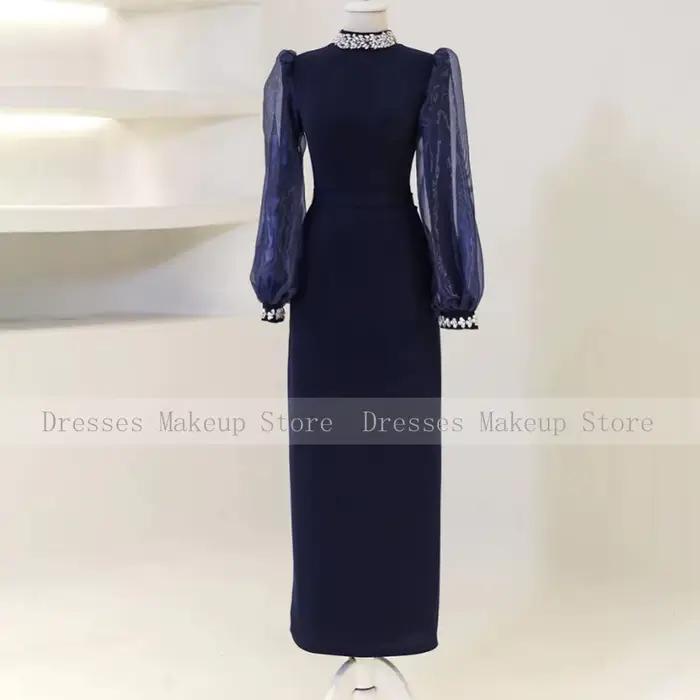 Robes de soirée formelles bleu royal foncé pour femmes, col haut en cristal, colonne, robe de soirée maxi bouffante, manches longues, robe de Rh, 2024