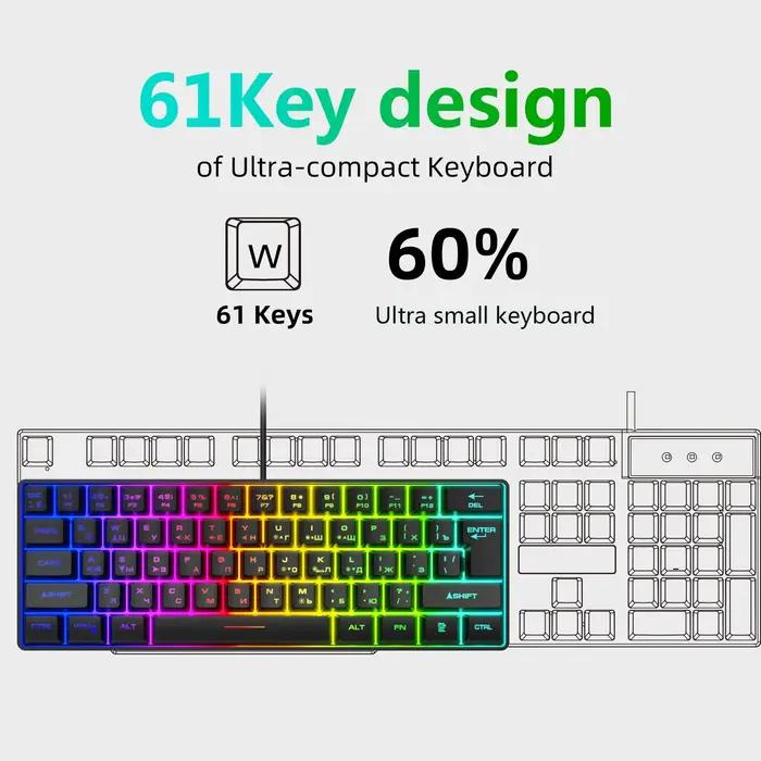 Clavier de jeu, clavier ultra-compact à 61 touches rétroéclairé RGB russe/anglais