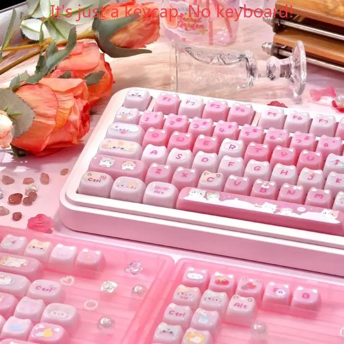 Clavier mécanique MAO Profile Cute Pudding Cat Ear Keycaps 142 touches rose translucide PC pour claviers mécaniques 60/64/84/98/108