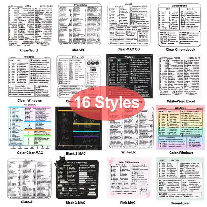 16 styles bricolage raccourci touches conseils autocollants pour clavier d'ordinateur portable iPad tablette téléphones