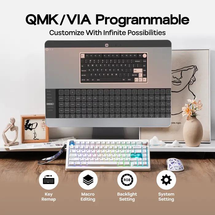 CIDOO QK75 75% VIA joint Programmable filaire/Bluetooth/2.4GHz clavier mécanique sans fil avec batterie 4000mAh et rétro-éclairage rvb
