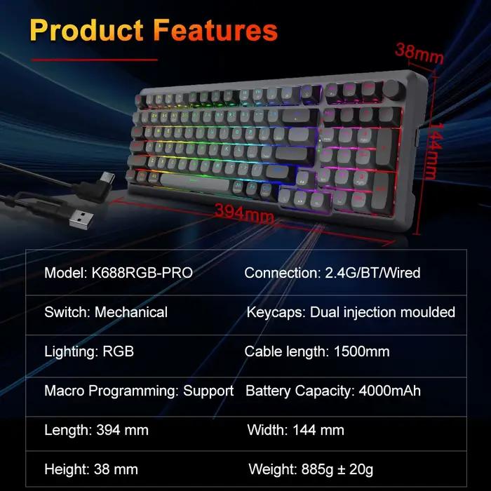 REDRAGON BRAGI K688 PRO RGB clavier de jeu mécanique support Bluetooth sans fil 2.4G USB filaire 98 touches pour ordinateur portable