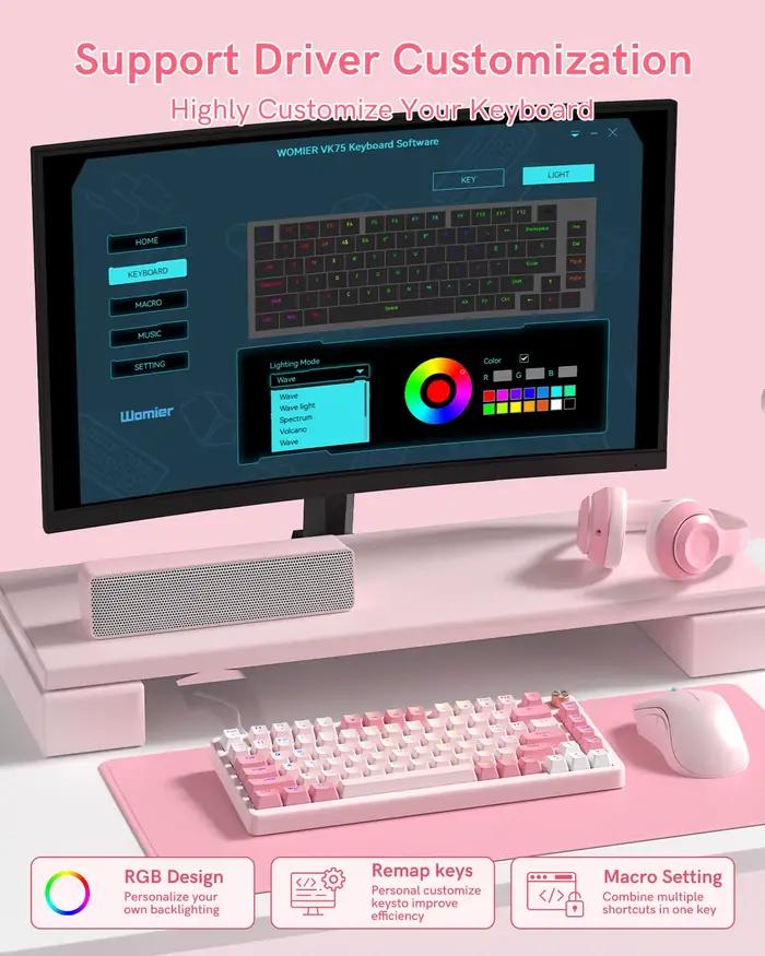 Womier VK75 clavier mécanique filaire 75% personnalisé Hotswap avec bouton rvb rétro-éclairé joint montage