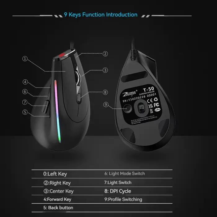 ZELOTES T-50 USB filaire souris optique verticale 9 boutons rvb 12800 DPI réglable pour PC ordinateur de jeu accessoires informatiques