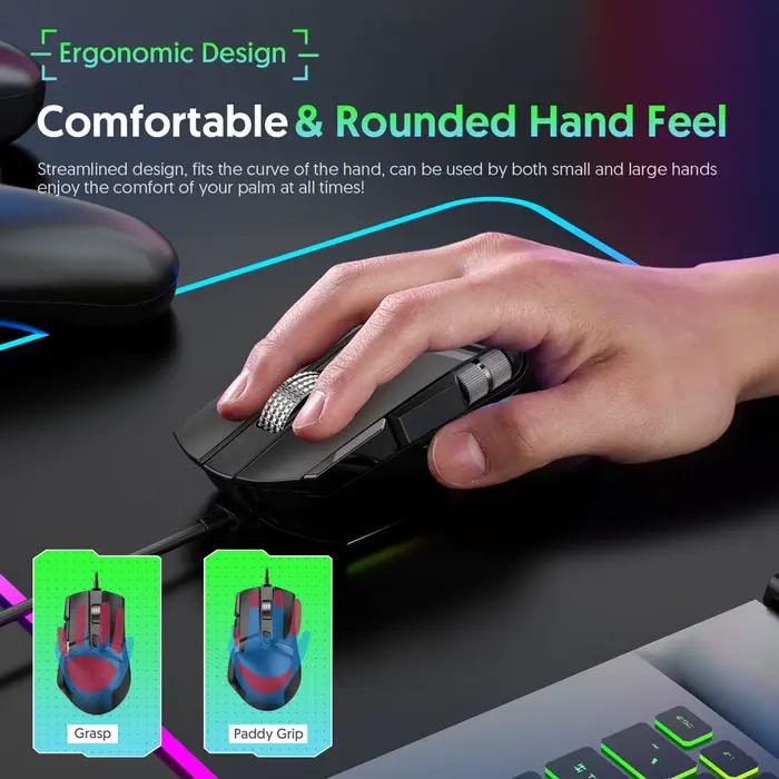 Souris de jeu filaire RGB 7 modes d'éclairage Doubles molettes de défilement Macro programmable 1200-12400 DPI Conception ergonomique pour joueur PC